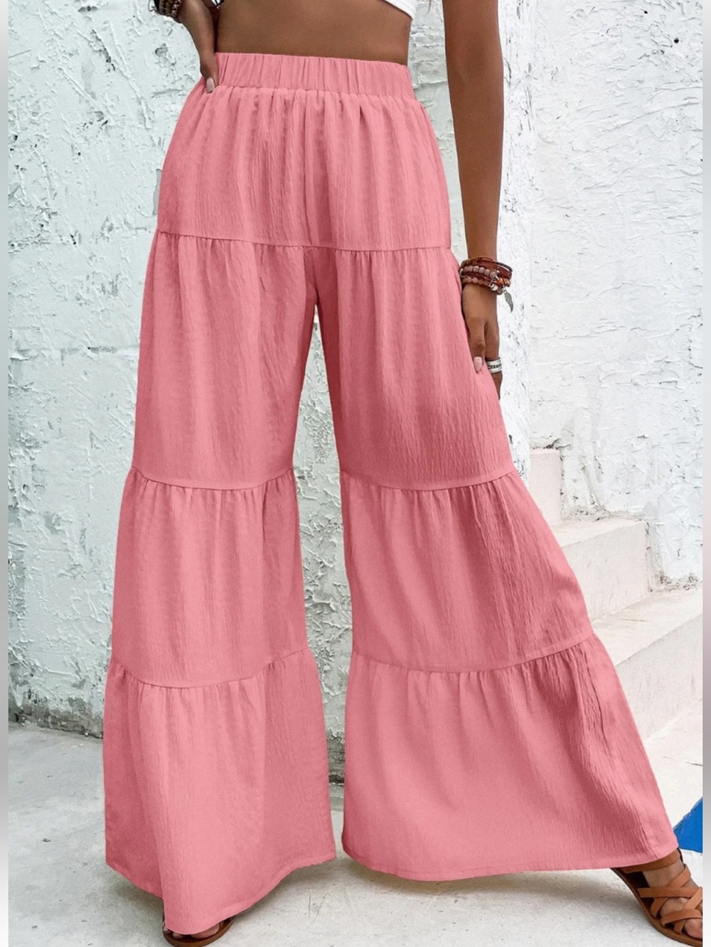 Tiered Wide-Leg Pants in Dusty Rose